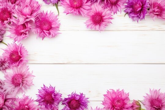 Beautiful magenta cornflower flowers on a white wooden background, in a top view with copy space for text