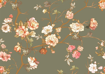 Blossom trees with flowers. Seamless pattern, background. Vector illustration. In Chinoiserie, japandi, botanical style - 785081620