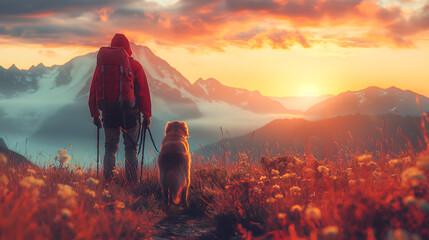 Hiker with a dog on the background of mountains at sunset.
