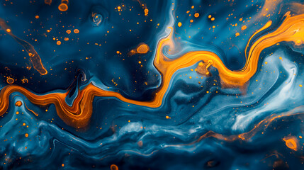 Abstract background of acrylic paint in blue and orange colors. Liquid marble texture