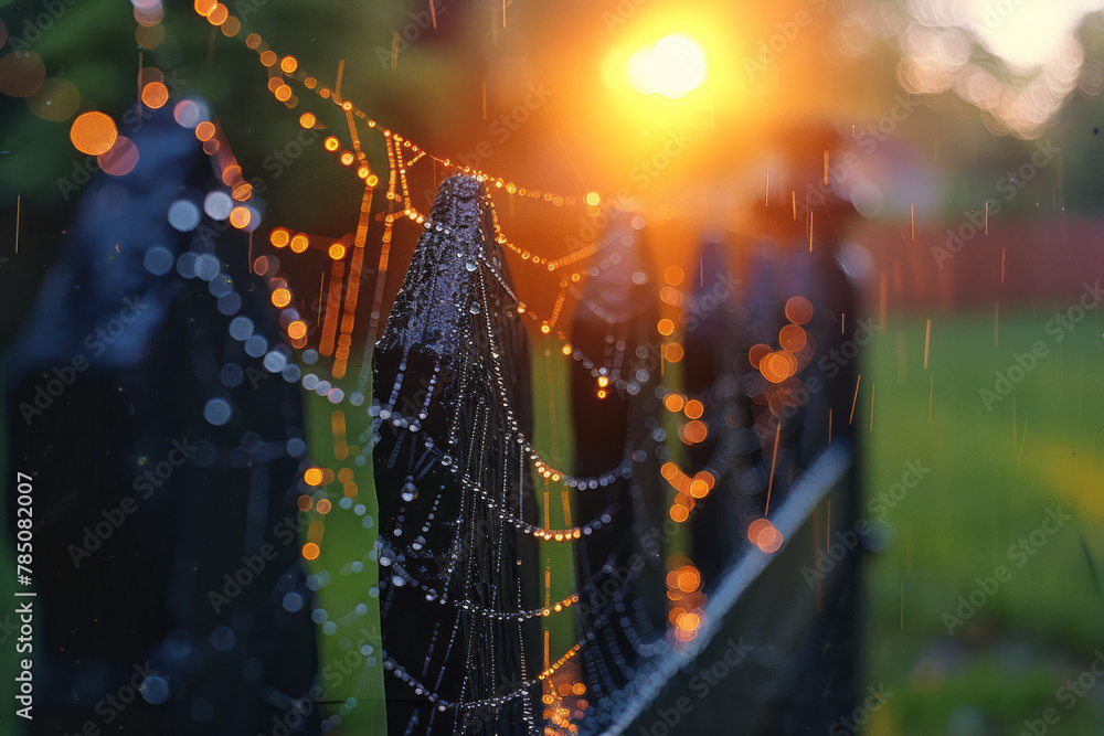 Poster an early morning scene where dewdrops cling to a spider web across a garden gate, each drop reflecti