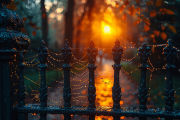 An early morning scene where dewdrops cling to a spider web across a garden gate, each drop reflecti