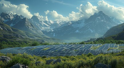 A vast solar farm stretches across the foothills, juxtaposing technology with the untouched beauty of a mountainous landscape under a clear sky