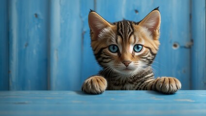 A cute tabby kitten is sitting on a blue wooden table.

