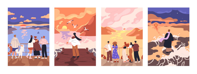 People watching sunset at sea. Characters from behind, looking and enjoying evening sky, sun, standing on deck, pier. Seaside landscapes, travel posters set. Flat graphic vector illustrations