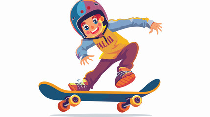 Happy smiling boy kid wearing helmet and kneepads skat