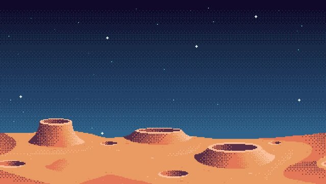 Looping animation of pixel art planet surface background with falling stars. Animated cosmic game location. Seamless clip of outer space in 2d retro 8-bit style.