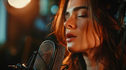 up close photo of a woman singing into a mic in a recording studio - obrazy, fototapety, plakaty