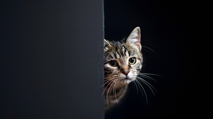 Cute cat peeks out from behind a corner on a black background