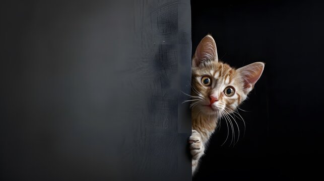 Cute cat peeks out from behind a corner on a black background - Powered by Adobe