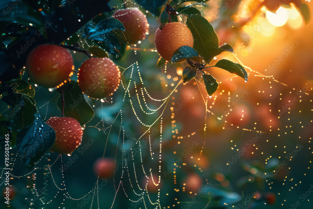 Poster an image of a spider web in an orchard, dewdrops mingling with the scent of ripening fruit, a fresh