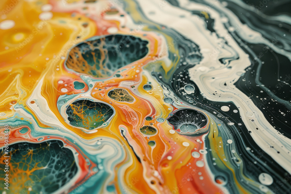 Poster an image of a water and oil emulsion in a science experiment, the microscopic view revealing the del