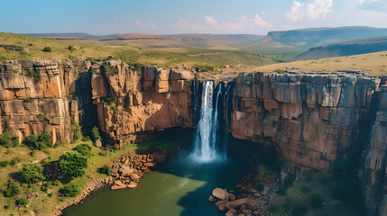 High angle shot of waterfall from above with green forest and river