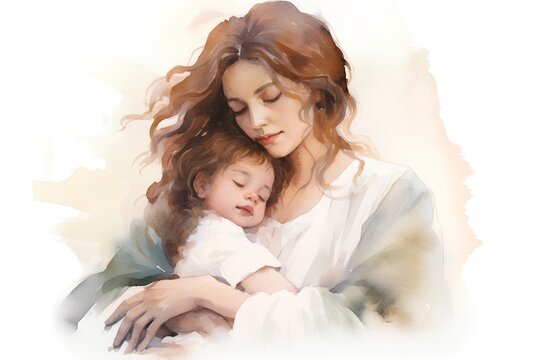 Beautiful young mother with her little daughter. Watercolor painting.