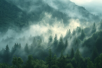 An image of morning light diffused through the mist over a mountain, the texture of the mist softeni