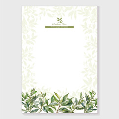 Green tea branch with leaves Border, frame, template for menu page, product label, cosmetic packaging. Vector illustration. In botanical style - 785083640