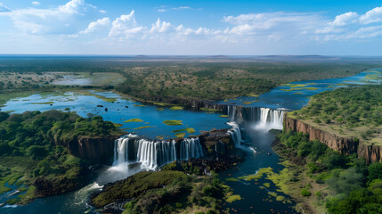 High angle shot of waterfall from above with green forest and river
