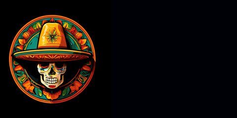A colorful and festive skull wearing a traditional Mexican sombrero with black background, banner,  cover for Cinco de Mayo celebrations - obrazy, fototapety, plakaty