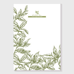 Green tea branch with leaves Border, frame, template for menu page, product label, cosmetic packaging. Vector illustration. In botanical style
