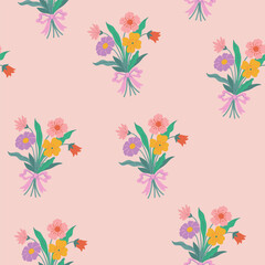Simple seamless pattern with bouquets of flowers. Vector graphics.