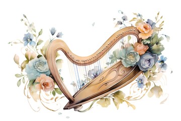 Beautiful vector image with nice watercolor harp and floral composition