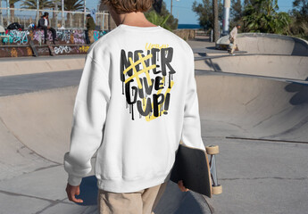 Mockup of man with customized sweatshirt carrying skateboard
