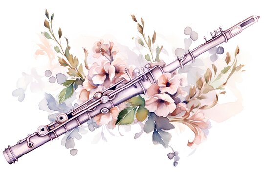 Watercolor flute with flowers. Hand painted watercolor illustration.