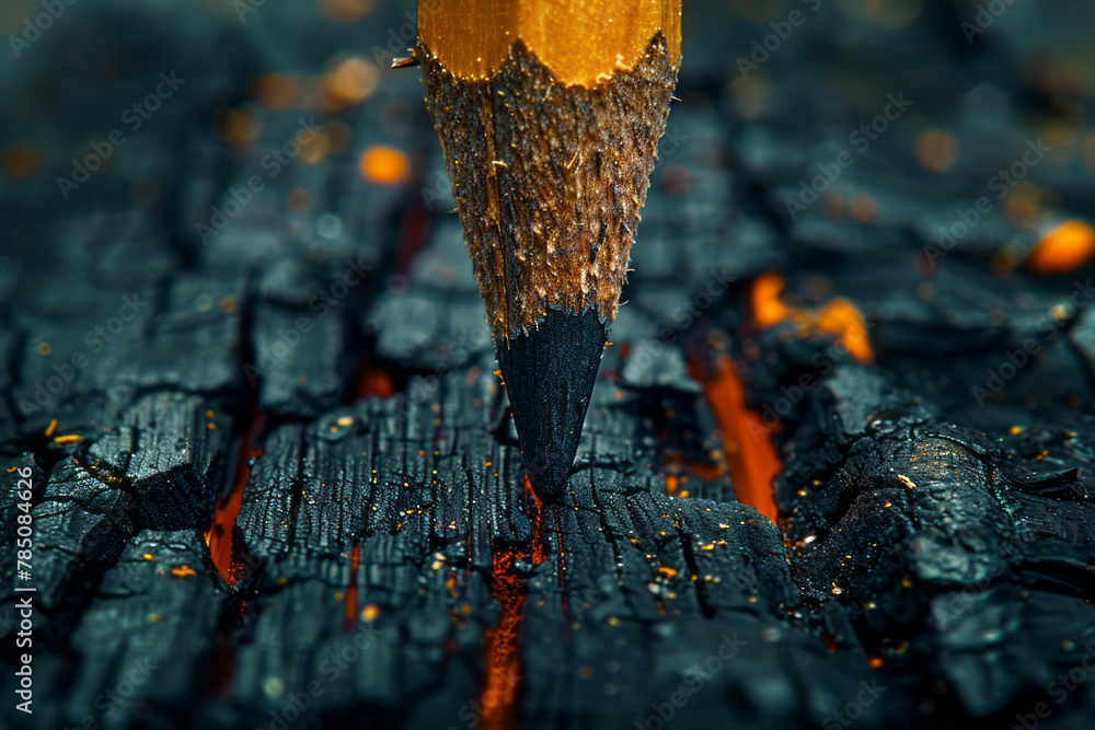 Poster a detailed shot of a pencil tip, graphite shining and wood grains running down to the sharpened poin