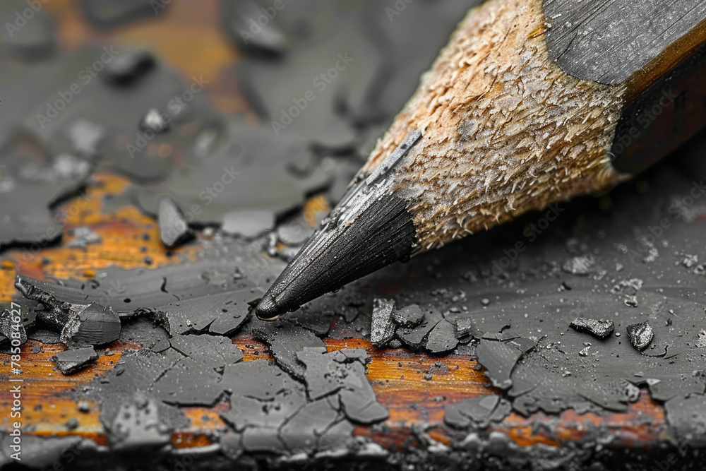 Poster a detailed shot of a pencil tip, graphite shining and wood grains running down to the sharpened poin