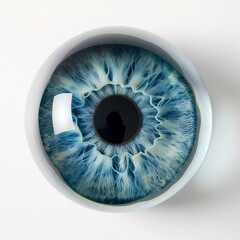A creative concept of a coffee cup designed to resemble a detailed human eye on a white surface.