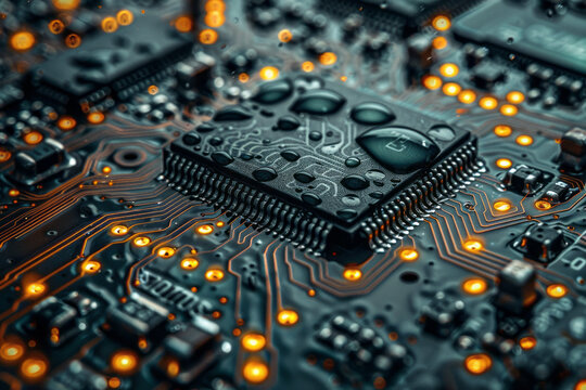 A detailed shot of a circuit board after rain, droplets of water magnifying the tiny, usually unseen