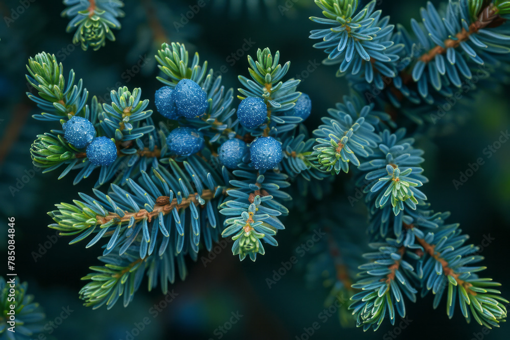 Poster A detailed view of a creeping juniper branch, the scale-like leaves densely packed and coated with a