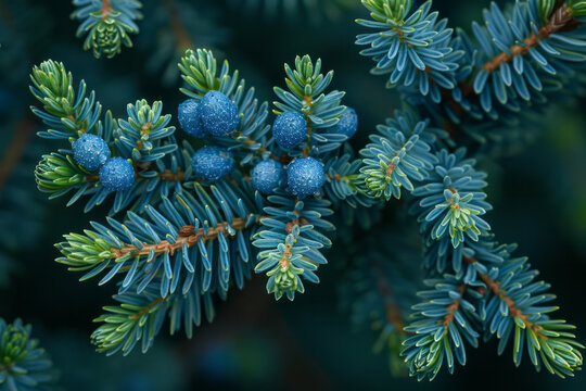 A detailed view of a creeping juniper branch, the scale-like leaves densely packed and coated with a