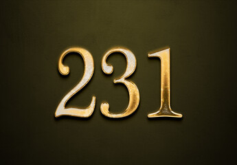 Old gold effect of 231 number with 3D glossy style Mockup.	