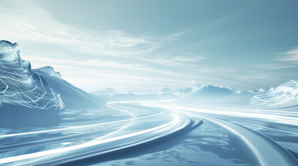 Streamlined 3D shapes in icy blues, emulating rapid digital data flow.