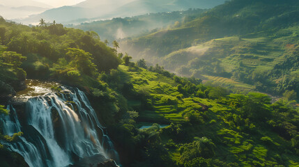 High angle shot of waterfall from above with green forest and river