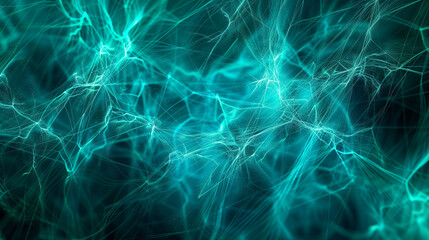 Pulsating blue and turquoise light fibers on teal canvas convey high-tech interconnectivity in an abstract design.