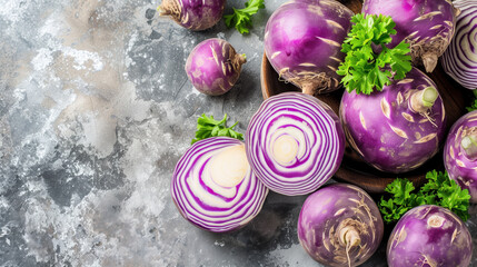 Purple turnips and cross-sections on a textured gray background.