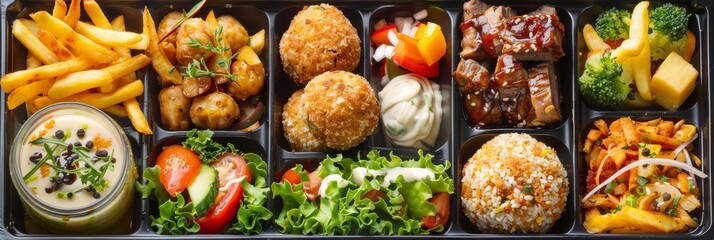 Bento Box, Asian Food Lunch Box with Deep Fried Balls, Salad, French Fries and Dessert