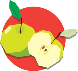 Illustration pattern of green apple with leaf on red circle background.