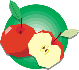 Illustration Abstract of red apple with leaf on green gradient circle background.