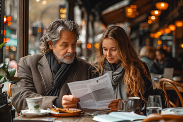 An older man and a younger woman engaged in choosing from a menu in a cozy cafe setting - obrazy, fototapety, plakaty