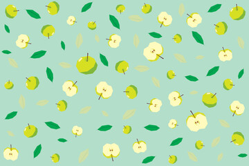 Illustration pattern of Green apple with leaf on soft green background.