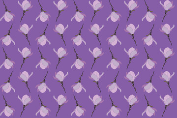 Illustration pattern of verbanica saucer magnolia flower on soft violet background.