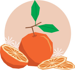 Illustration, Abstract orange fruit with leaf on soft orange circle background.