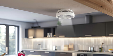 White plastic Smoke detector in the kitchen. Close-up of the fire detector in the kitchen interior. Home security. - obrazy, fototapety, plakaty