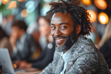 Charismatic bearded man with joyful expression at a business social gathering with a laptop