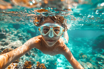 Captivating underwater view of a woman with swim goggles swimming among colorful corals - obrazy, fototapety, plakaty