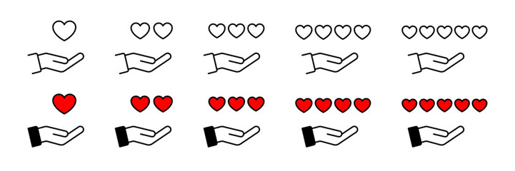 Donate rating icon. Hand holding hearts icons set. Vector concept