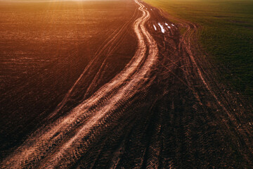 Dirt road with tractor tire track pattern in diminishing perspective, aerial view from drone pov